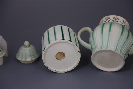 Two Wedgwood Queensware green banded cache pots and stands, a Leeds creamware teapot and cover and similar tea caddy and cover, all lat